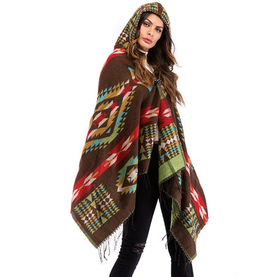 New Geometric Pattern Tassel Hooded Shawl Coat