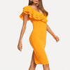 Pure Color Deep V Collar Ruffles Package Hip Bodycon Dress