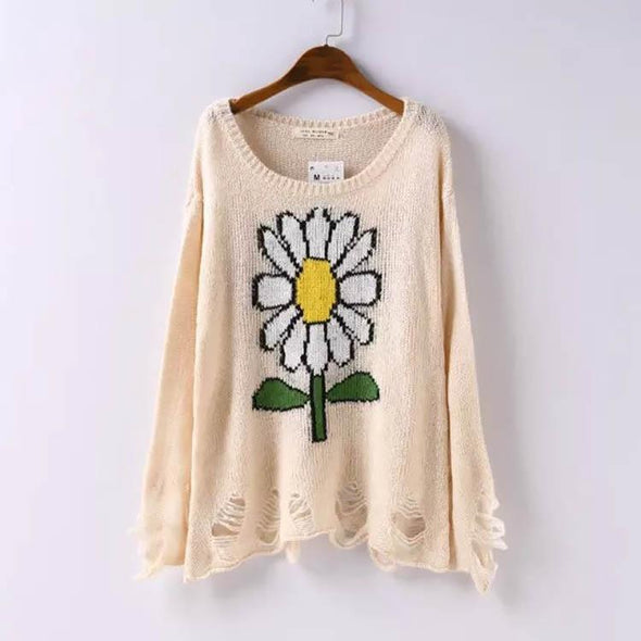 Round Collar Flower Weaving Pattern Sweater