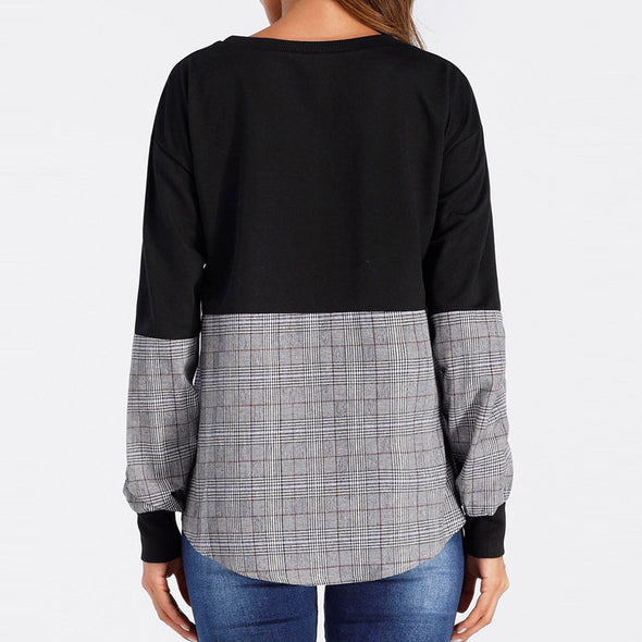 Fashion Stitching Plaid T-shirt Sweatshirt