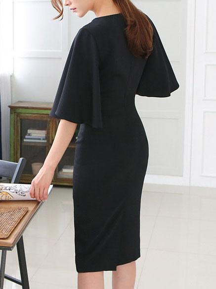 Fashion Solid V-Neck Surplice Plain Bodycon Dress