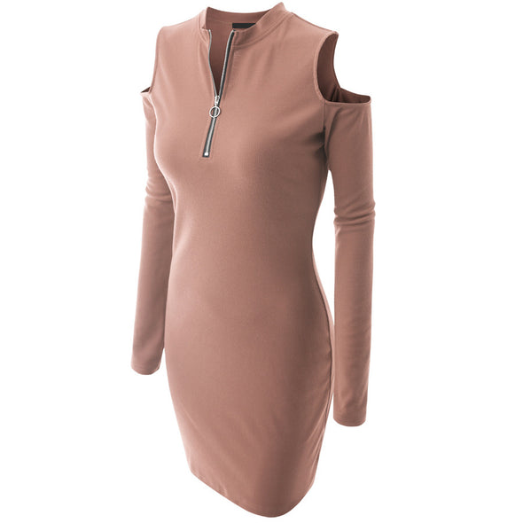 Solid Color Long-Sleeved Off-Shoulder Zip-Knit Dress