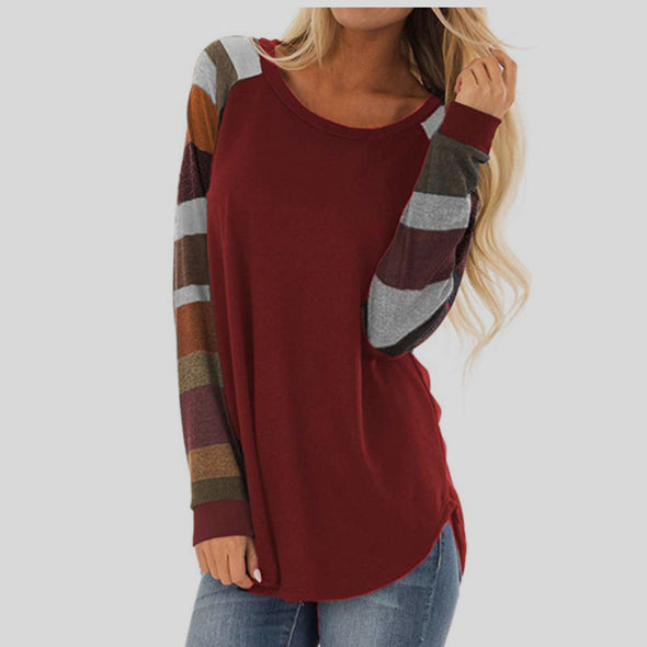 Round Neck Contrast Stitching Long Sleeve T-Shirt