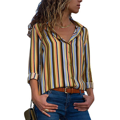 Women's Casual Striped Long-Sleeved V-Neck Shirt