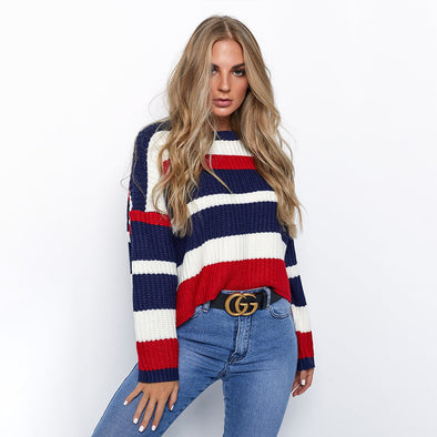 Casual O-Neck Striped Stitching Pullover Sweater