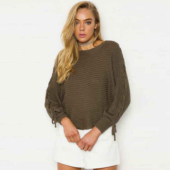 Simple Solid Sleeve Bandage Slash-Neck Knitting Sweater