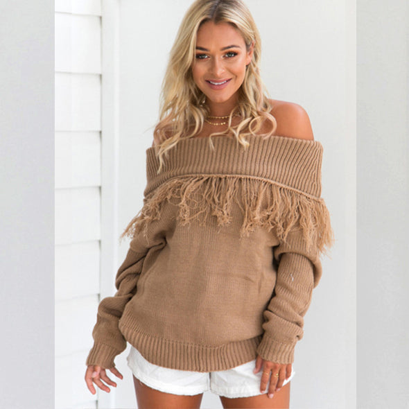 Sexy Solid Off-Shoulder Tassel Pullover Sweater