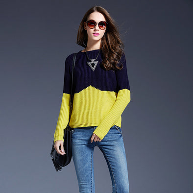 Hit Color Patchwork  Round Neck Sweaters