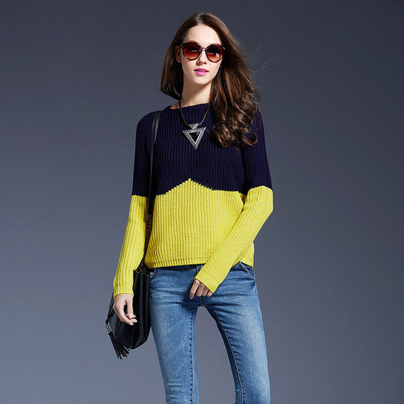 Hit Color Patchwork  Round Neck Sweaters