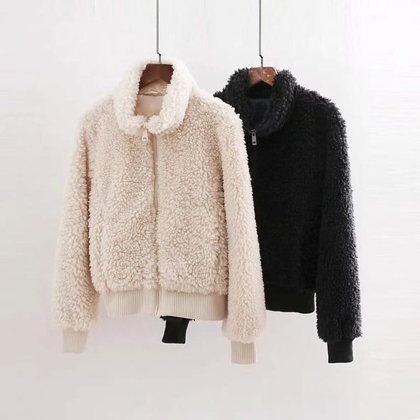 Thick Artificial Fur Pure Color Long Sleeve Warm Jacket