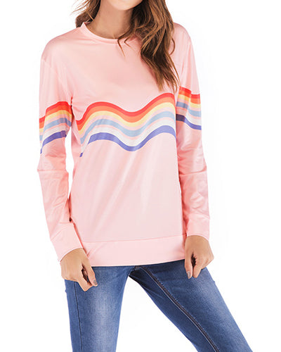 Colorful Striped Long Sleeve Round Neck T-Shirt