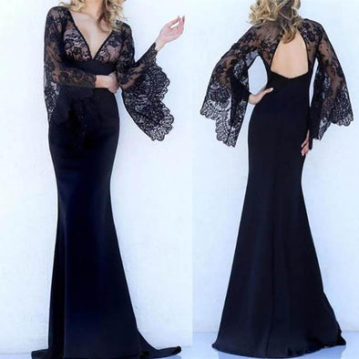 Sexy Elegant Lace Deep V-Neck Flare Sleeve Evening Dress