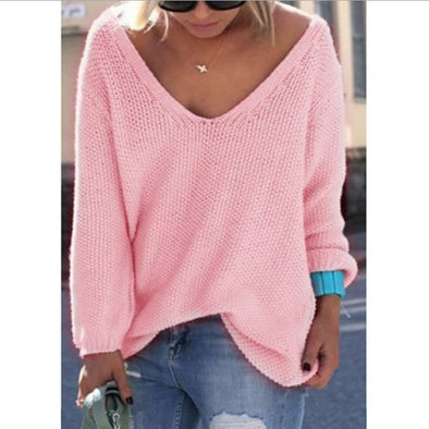 Solid Color V- neck Long Sleeve Knitting Sweaters