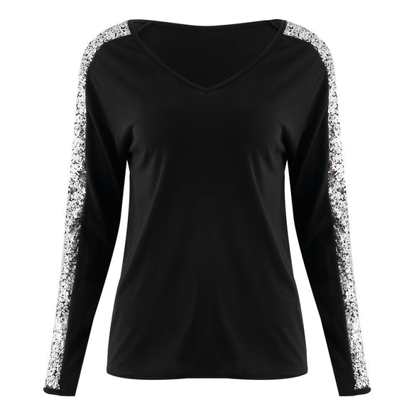 Sexy V-Neck Sequin Stitching Sweatshirt