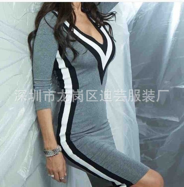 New V-neck Sexy Stitching Tight Dress