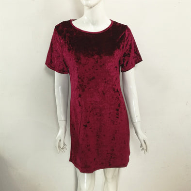 Fashion Solid O-Neck Stitching Velvet Shift Dress