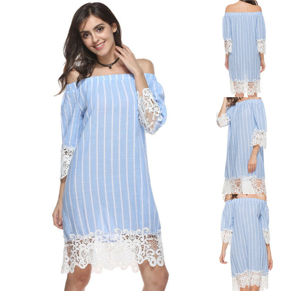 Women's summer new lace stripe lace dress