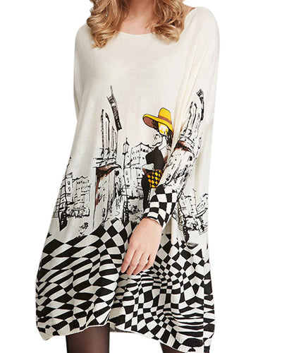 Loose Printed O-Neck Long Sleeve Sweater