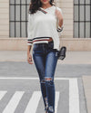 Irregular Split Color Contrast Striped V-Neck Sweater