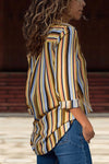 Turn Down Collar  Asymmetric Hem Single Breasted  Striped  Blouses