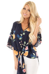 Women's V-neck knotted trumpet sleeve printed chiffon shirt