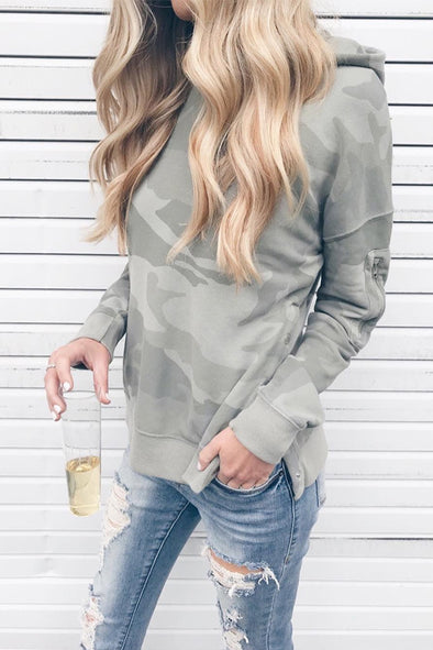 Camouflage Hooded Long Sleeve Slit Sweatshirt