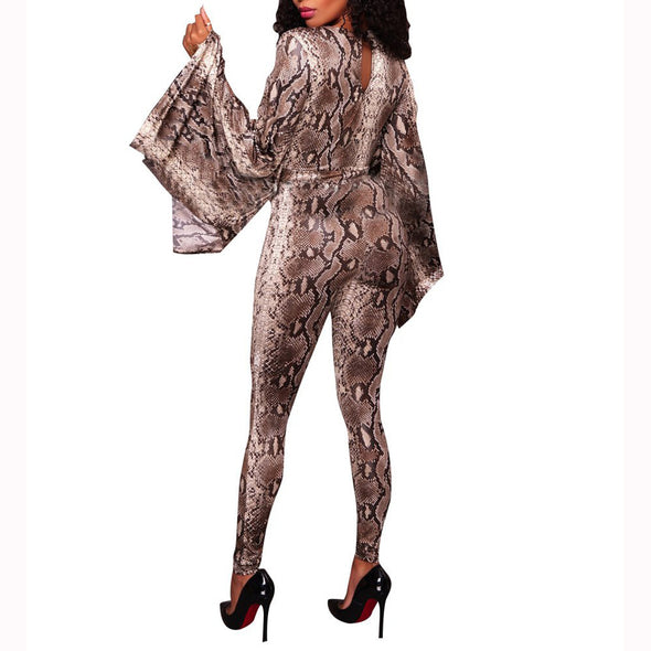 V-Neck Long Sleeve Snakeskin Jumpsuit