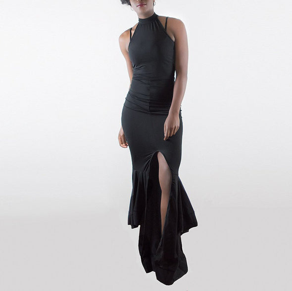 Sleeveless Solid Color Lotus Leaf Package Hip Evening Dress