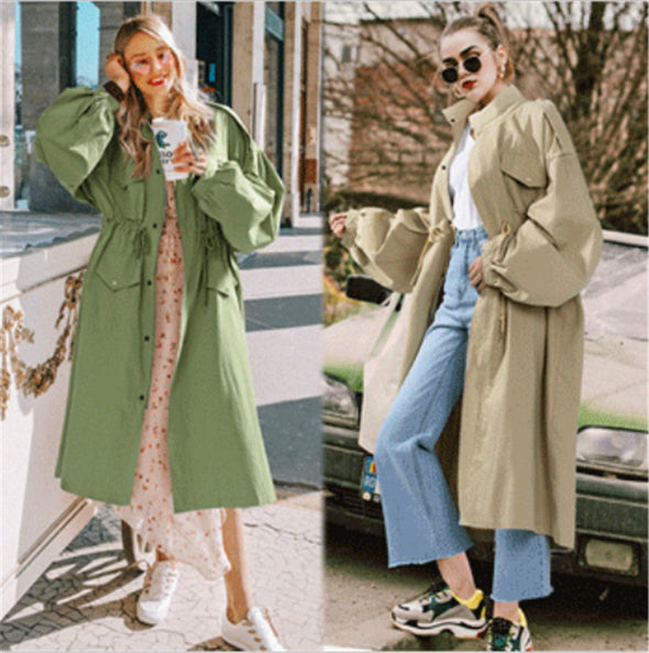 Fashion Long Lantern Sleeve Pocket Lace Up Trench Coats