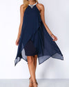 Embellished Neck Asymmetric Hem Chiffon Overlay Dress