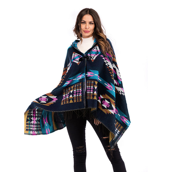 New Geometric Pattern Tassel Hooded Shawl Coat