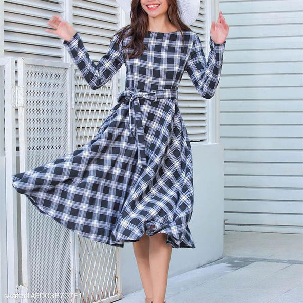 Classic Plaid Long Sleeve Skater Dress