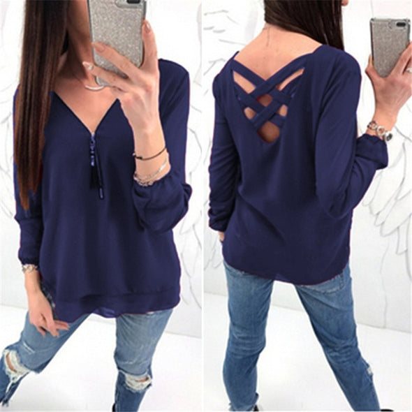 Women's V-neck zipper solid color long-sleeved chiffon shirt