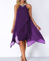 Embellished Neck Asymmetric Hem Chiffon Overlay Dress