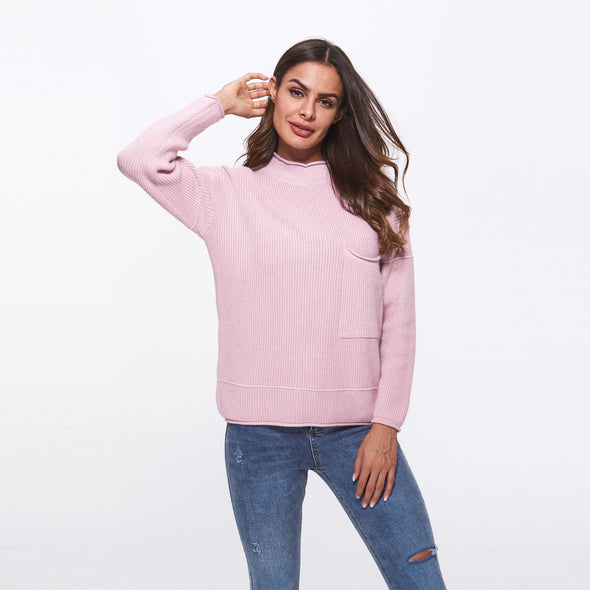 Casual Pocket Half High Neck Collar Round Neck Sweaters