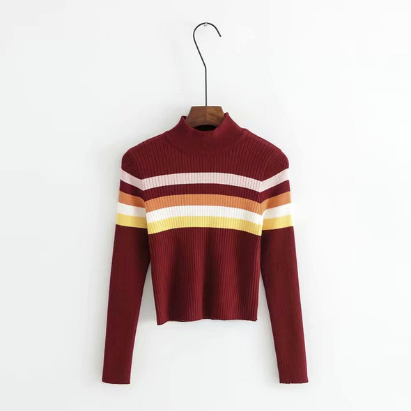 Casual Stripe Stitching Stand Collar Knitting Sweater