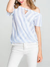 Stripe Print Sexy Off-Shoulder Collar Short Sleeve Chest Cross T-Shirt