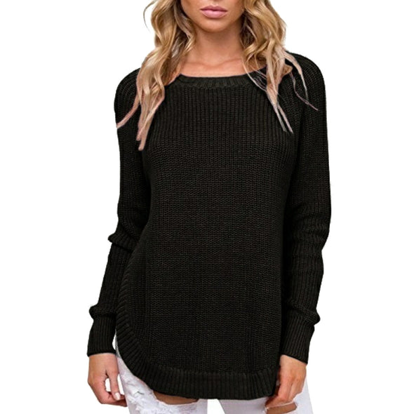 Split Round Neck Long Sleeve Sweaters