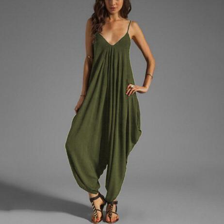 Low-Cut V Collar Beach Casual Loose Jumpsuit