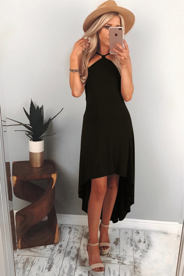 Sexy Solid Strapless Hanging Neck Asymmetrical Dress