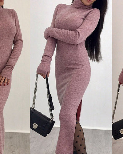 High Neck Long Sleeve Split Knit Bodycon Dress