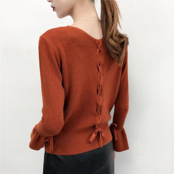 V-Neck Trumpet Sleeve Sweater