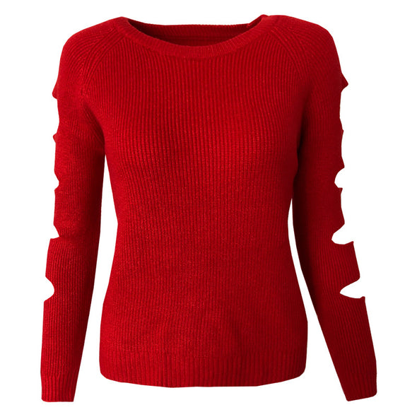 Sleeve Side Hollow Round Neck Sweaters