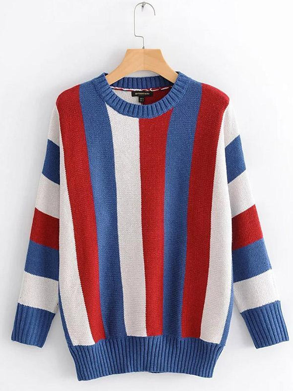 Round Neck Batwing Sleeves Stripes Sweater Tops