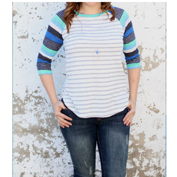 Striped Colorblocked Seven-Point Sleeve O-Neck T-Shirt