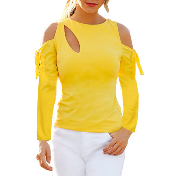 Long Sleeved Off-The-Shoulder Round Neck T-Shirt