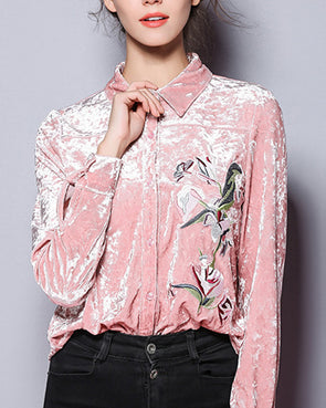 Women's Embroidered Lapel Solid Color Shirt