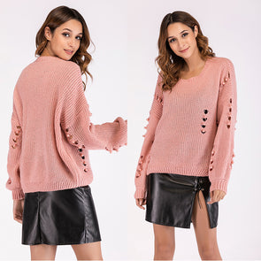 Openwork Round Neck Long Sleeve Sweaters