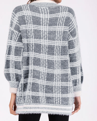 New V-Neck Long-Sleeved Loose Plaid Sweater Coat