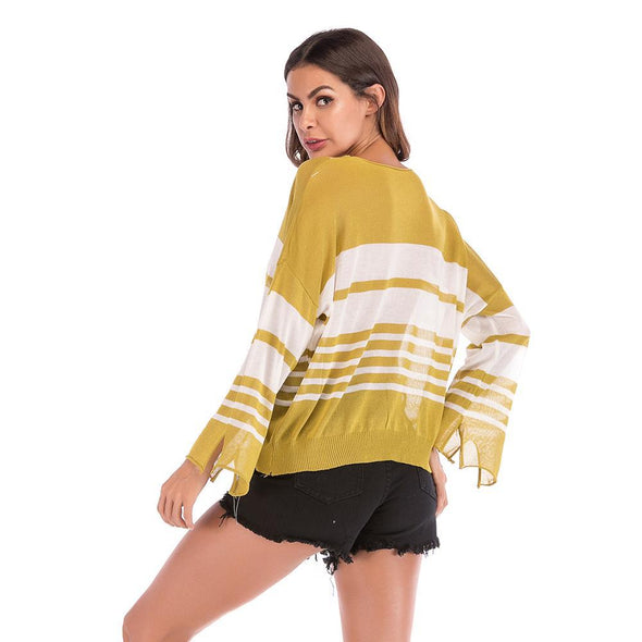 New O-neck Loose Cuff Slits Long Sleeve Striped T-shirt Tops